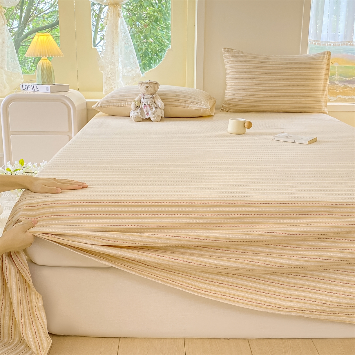 91家纺网 家纺一手货源 找家纺 灰鲸 2025新款全棉色织提花单品床单 美拉-杏