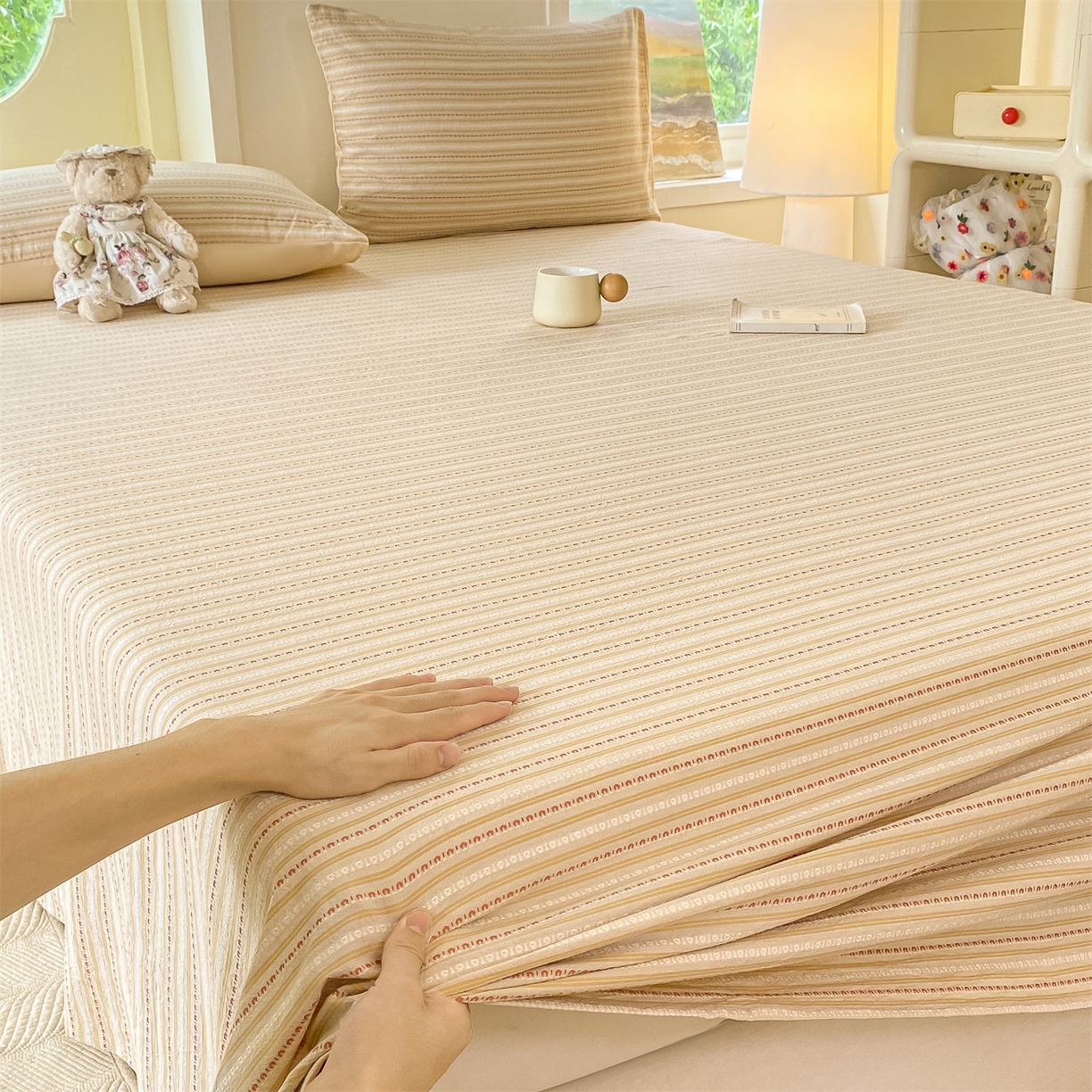 91家纺网 家纺一手货源 找家纺 灰鲸 2025新款全棉色织提花单品床单 美拉-杏