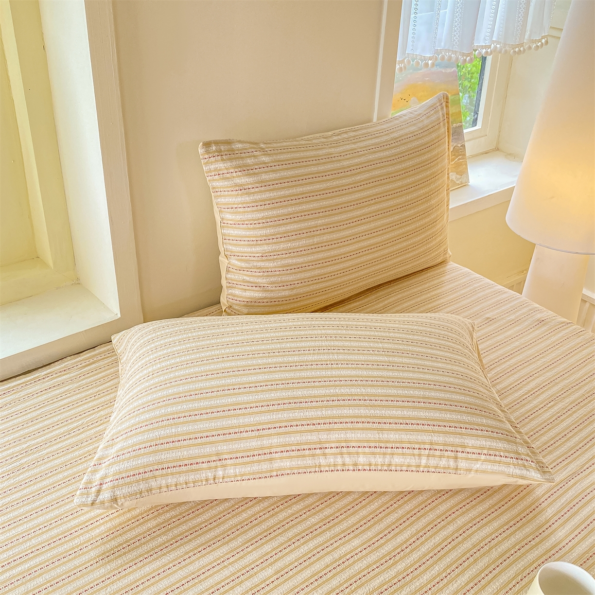 91家纺网 家纺一手货源 找家纺 灰鲸 2025新款全棉色织提花单品床单 美拉-杏