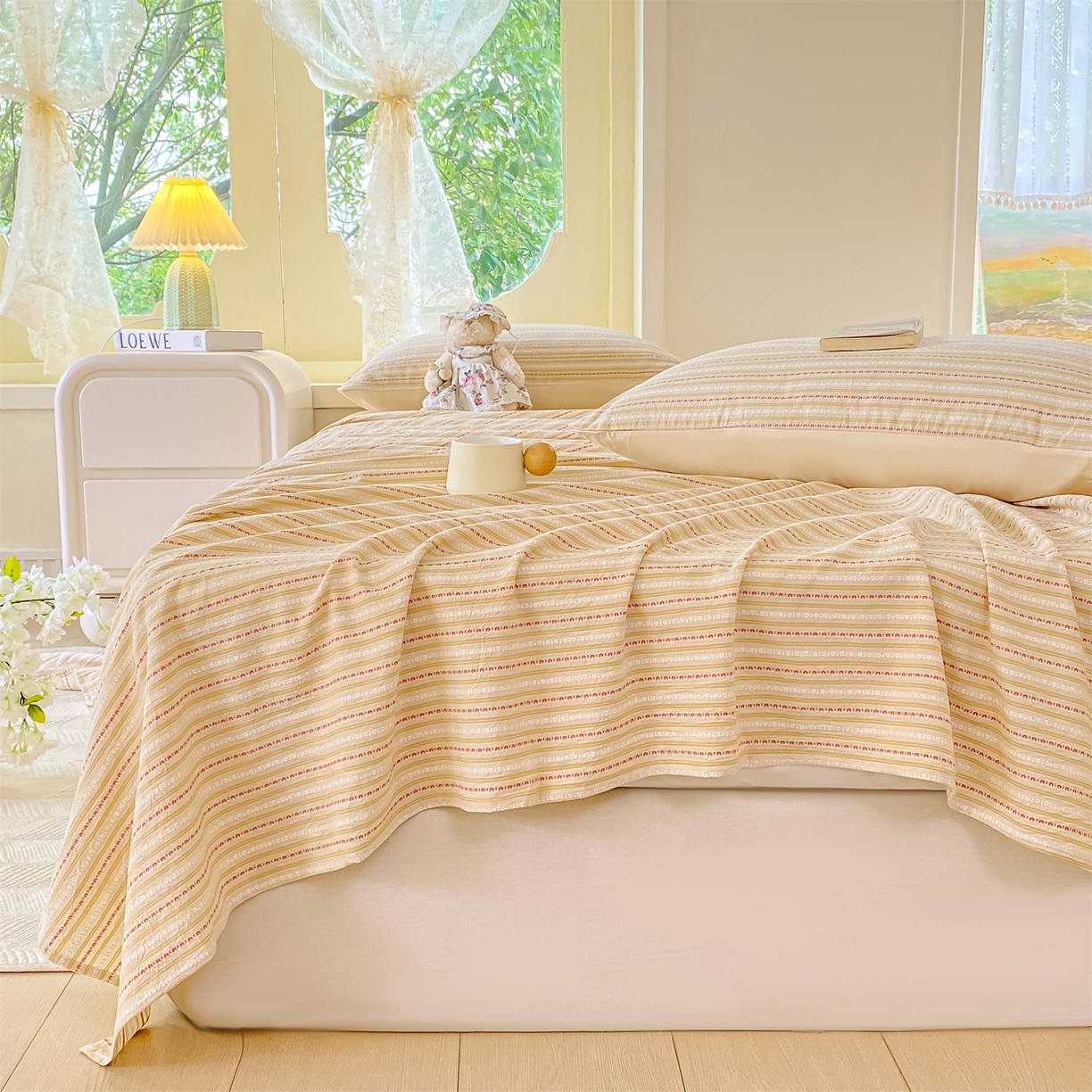 91家纺网 家纺一手货源 找家纺 灰鲸 2025新款全棉色织提花单品床单 美拉-杏