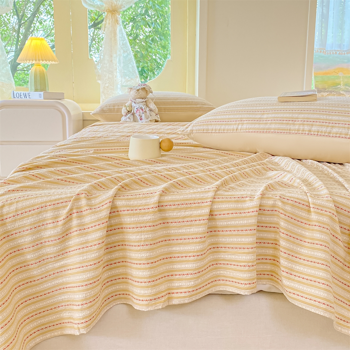 91家纺网 家纺一手货源 找家纺 灰鲸 2025新款全棉色织提花单品床单 美拉-杏