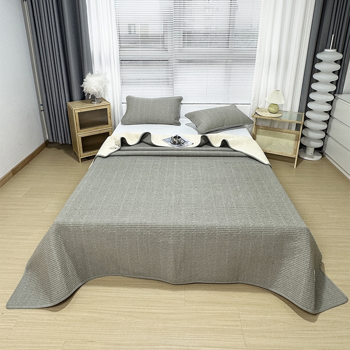 拾小柒 2025新款全棉色织水洗棉夹棉防滑床盖 青灰色