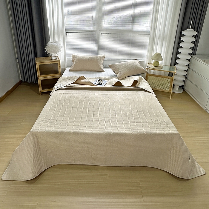 拾小柒 2025新款全棉色织水洗棉夹棉防滑床盖 卡其色