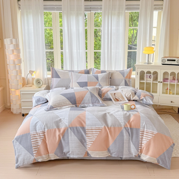 91家纺网 家纺一手货源 找家纺 铭浩 2025新款纯棉棉加厚磨毛升级喷气面料全棉四件套三件套创意几何－桔