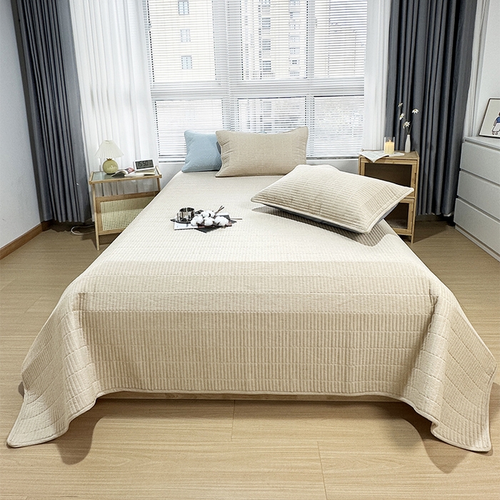 拾小柒 2025新款全棉色织水洗棉夹棉防滑床盖防水款 卡其色