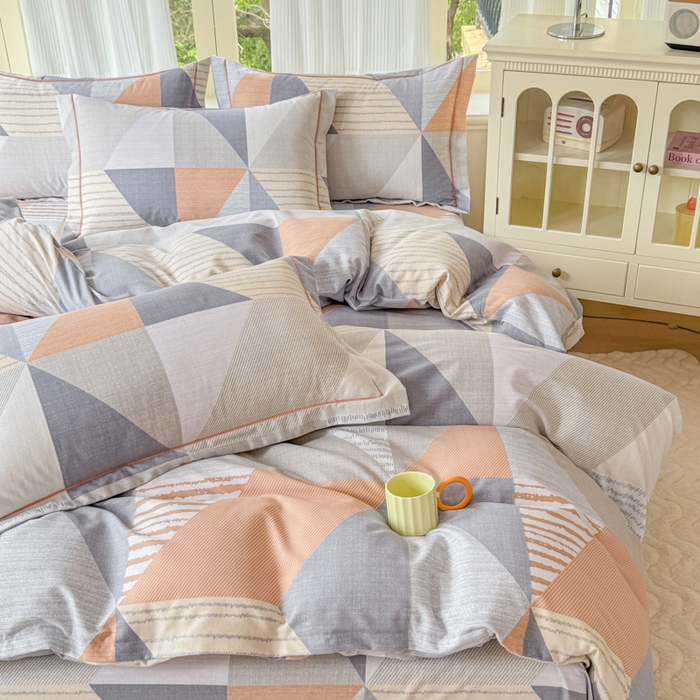 91家纺网 家纺一手货源 找家纺 铭浩 2025新款纯棉棉加厚磨毛升级喷气面料全棉四件套三件套创意几何－桔