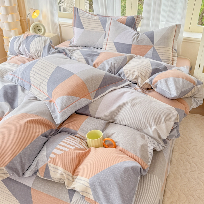 91家纺网 家纺一手货源 找家纺 铭浩 2025新款纯棉棉加厚磨毛升级喷气面料全棉四件套三件套创意几何－桔