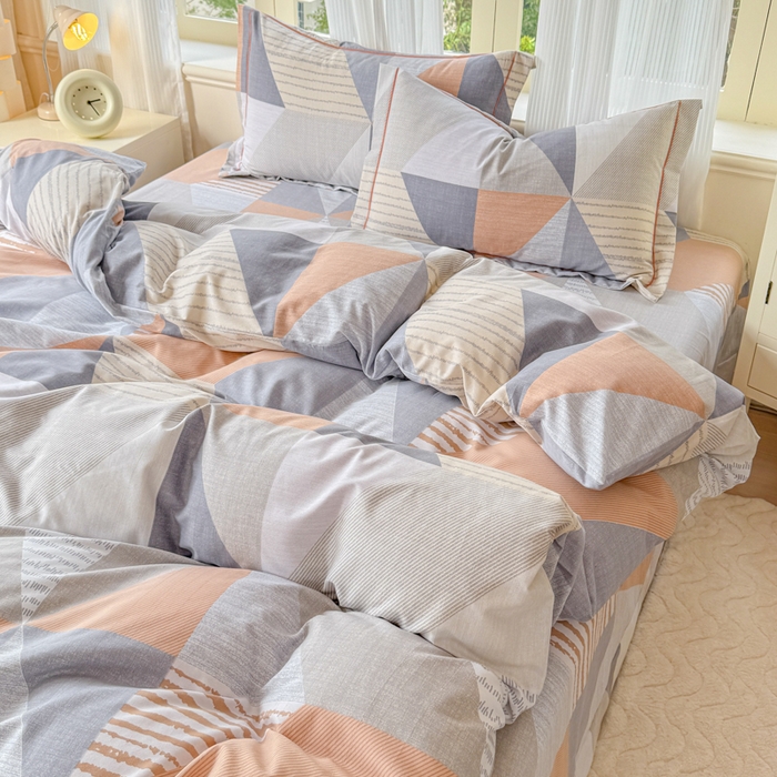 91家纺网 家纺一手货源 找家纺 铭浩 2025新款纯棉棉加厚磨毛升级喷气面料全棉四件套三件套创意几何－桔