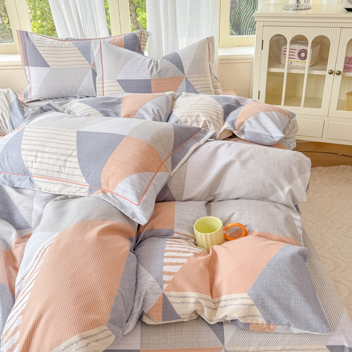 91家纺网 家纺一手货源 找家纺 铭浩 2025新款纯棉棉加厚磨毛升级喷气面料全棉四件套三件套创意几何－桔