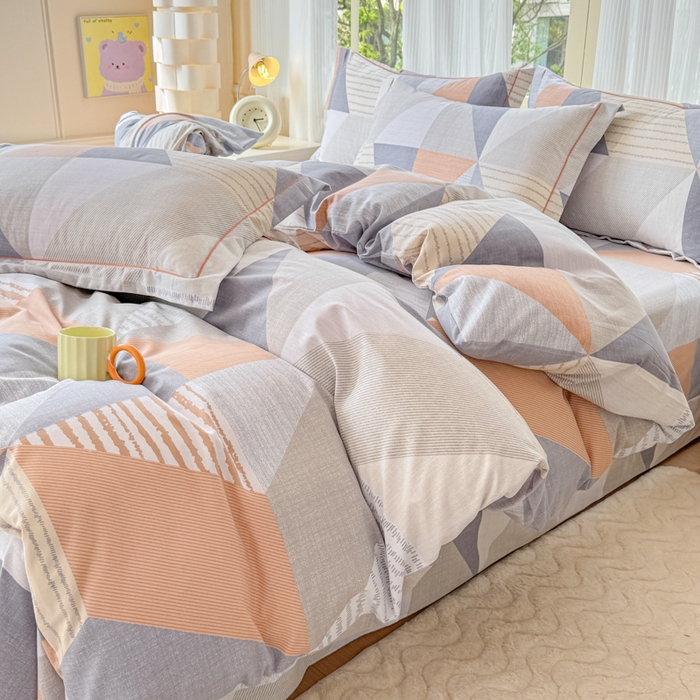 91家纺网 家纺一手货源 找家纺 铭浩 2025新款纯棉棉加厚磨毛升级喷气面料全棉四件套三件套创意几何－桔