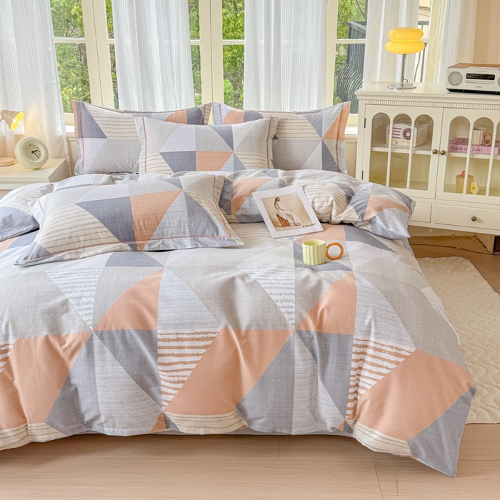 91家纺网 家纺一手货源 找家纺 铭浩 2025新款纯棉棉加厚磨毛升级喷气面料全棉四件套三件套创意几何－桔