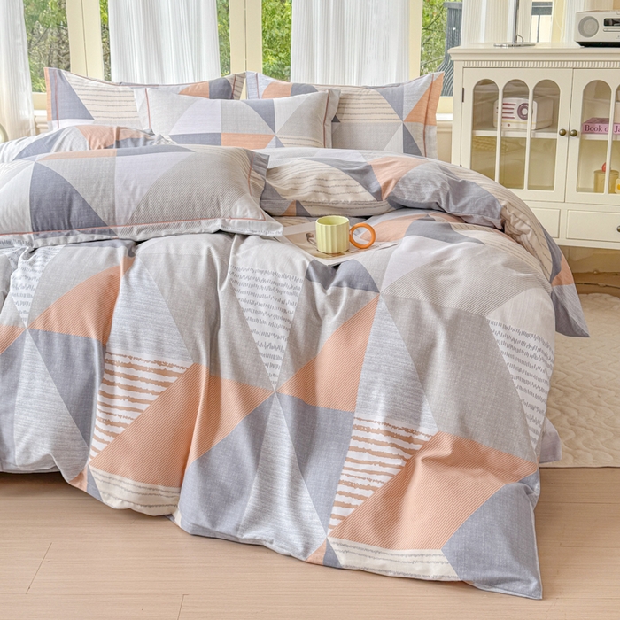 91家纺网 家纺一手货源 找家纺 铭浩 2025新款纯棉棉加厚磨毛升级喷气面料全棉四件套三件套创意几何－桔