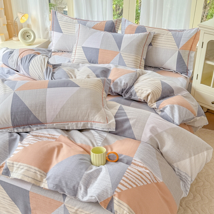 91家纺网 家纺一手货源 找家纺 铭浩 2025新款纯棉棉加厚磨毛升级喷气面料全棉四件套三件套创意几何－桔