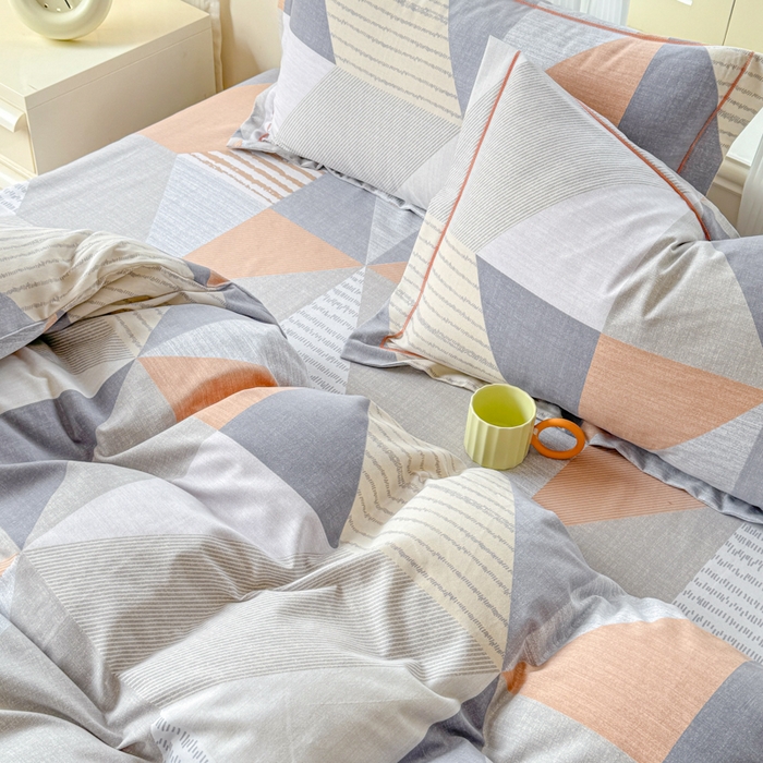 91家纺网 家纺一手货源 找家纺 铭浩 2025新款纯棉棉加厚磨毛升级喷气面料全棉四件套三件套创意几何－桔