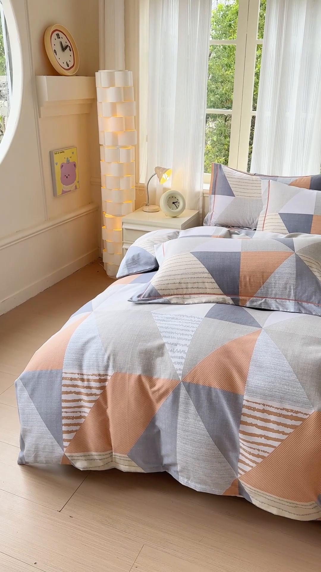 91家纺网 家纺一手货源 找家纺 铭浩 2025新款纯棉棉加厚磨毛升级喷气面料全棉四件套三件套创意几何－桔