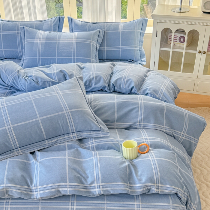 91家纺网 家纺一手货源 找家纺 铭浩 2025新款纯棉棉加厚磨毛升级喷气面料全棉四件套三件套莫里特－蓝