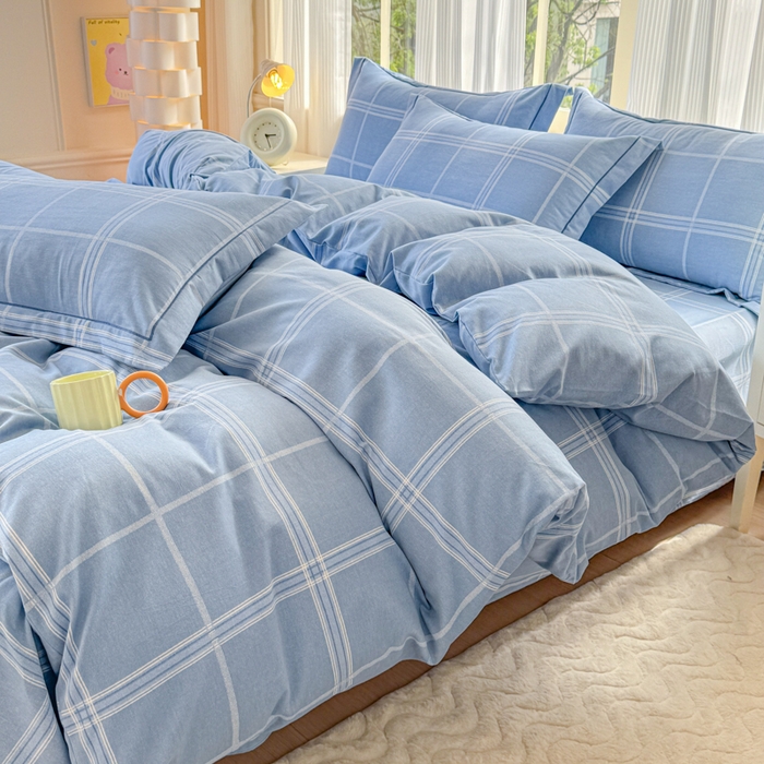 91家纺网 家纺一手货源 找家纺 铭浩 2025新款纯棉棉加厚磨毛升级喷气面料全棉四件套三件套莫里特－蓝