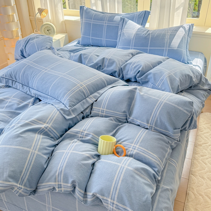 91家纺网 家纺一手货源 找家纺 铭浩 2025新款纯棉棉加厚磨毛升级喷气面料全棉四件套三件套莫里特－蓝