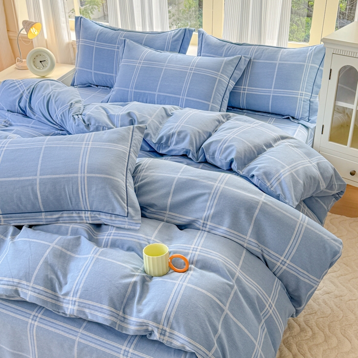 91家纺网 家纺一手货源 找家纺 铭浩 2025新款纯棉棉加厚磨毛升级喷气面料全棉四件套三件套莫里特－蓝