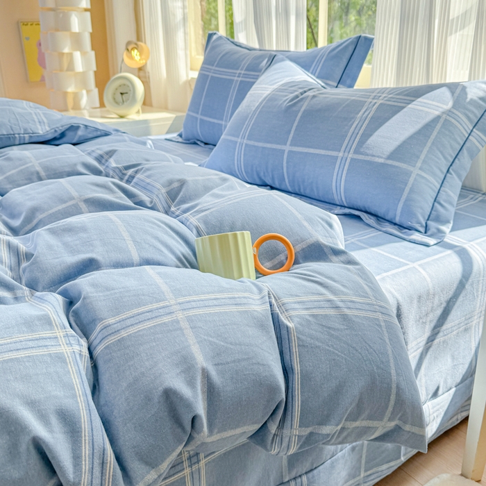 91家纺网 家纺一手货源 找家纺 铭浩 2025新款纯棉棉加厚磨毛升级喷气面料全棉四件套三件套莫里特－蓝