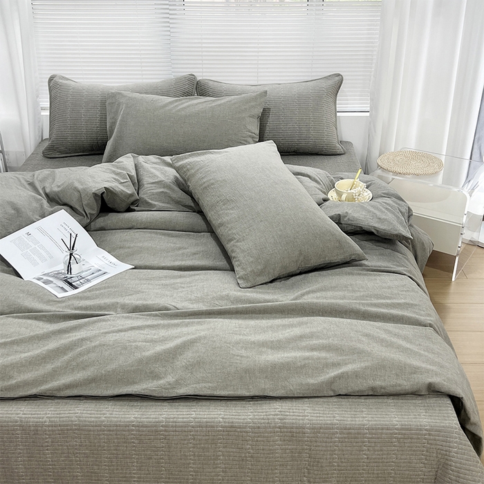 拾小柒 2025新款全棉色织水洗棉防滑夹棉床盖三四件套 青灰色