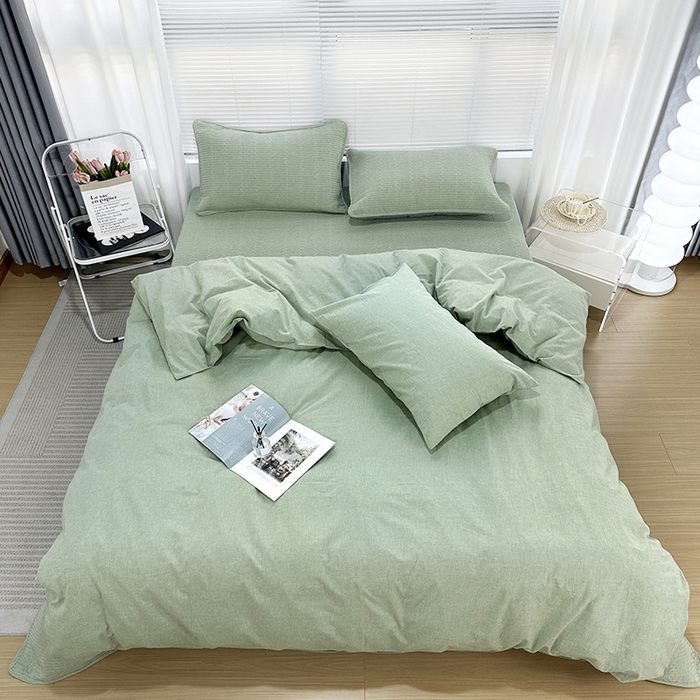 91家纺网 家纺一手货源 找家纺 拾小柒 2025新款全棉色织水洗棉防滑夹棉床盖三四件套 浅绿色