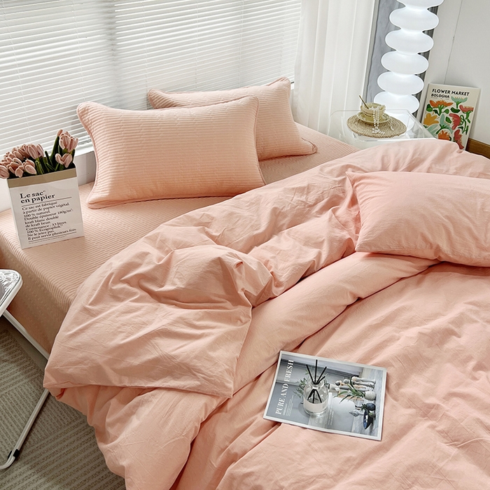 91家纺网 家纺一手货源 找家纺 拾小柒 2025新款全棉色织水洗棉防滑夹棉床盖三四件套 粉玉色