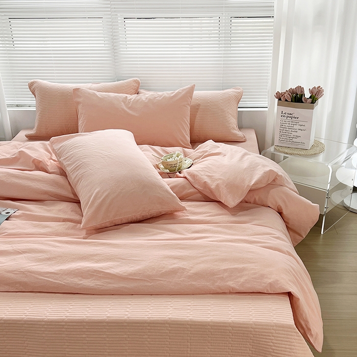 拾小柒 2025新款全棉色织水洗棉防滑夹棉床盖三四件套 粉玉色