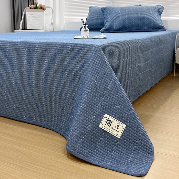 91家纺网 家纺一手货源 找家纺 拾小柒 2025新款全棉色织水洗棉防滑夹棉床盖三四件套 牛仔蓝