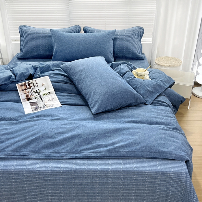 拾小柒 2025新款全棉色织水洗棉防滑夹棉床盖三四件套 牛仔蓝