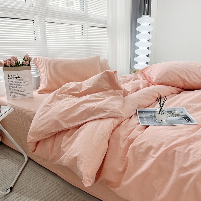 91家纺网 家纺一手货源 找家纺 拾小柒 2025新款全棉色织水洗棉防滑夹棉床盖三四件套 粉玉色