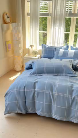 91家纺网 家纺一手货源 找家纺 铭浩 2025新款纯棉棉加厚磨毛升级喷气面料全棉四件套三件套莫里特－蓝