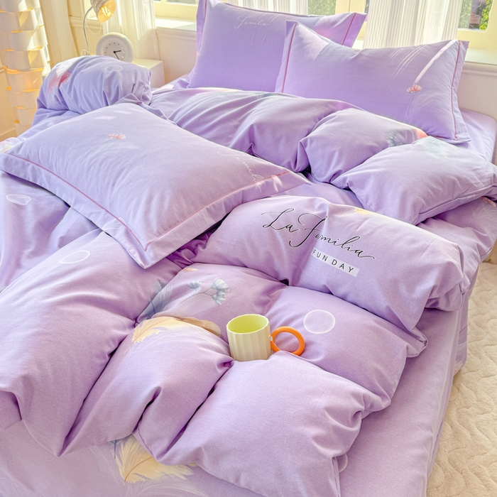 91家纺网 家纺一手货源 找家纺 铭浩 2025新款纯棉棉加厚磨毛升级喷气面料全棉四件套三件套晚风吟－紫