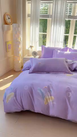 91家纺网 家纺一手货源 找家纺 铭浩 2025新款纯棉棉加厚磨毛升级喷气面料全棉四件套三件套晚风吟－紫