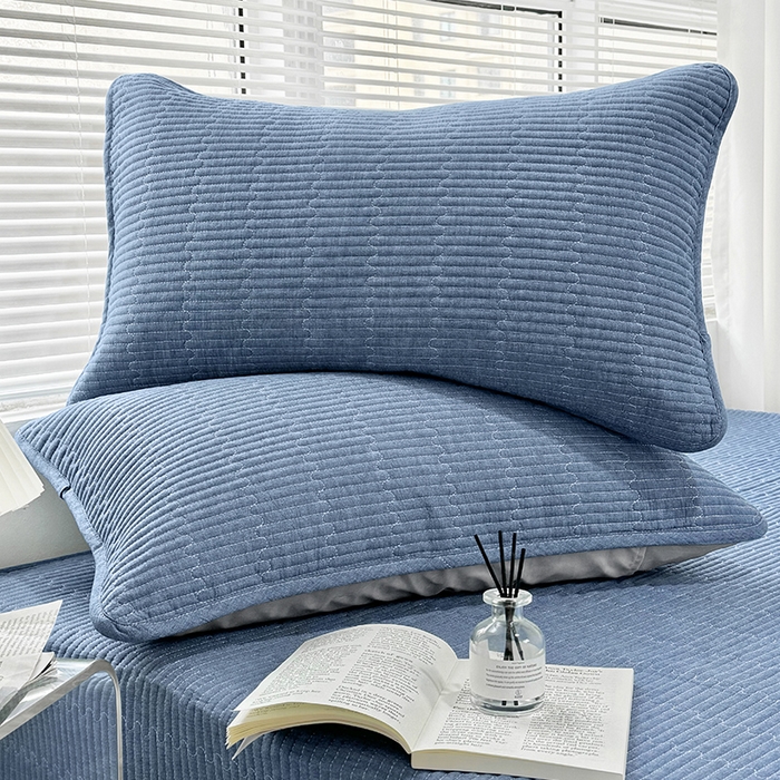 拾小柒 2025新款全棉色织水洗棉夹棉隔脏污枕套 牛仔蓝