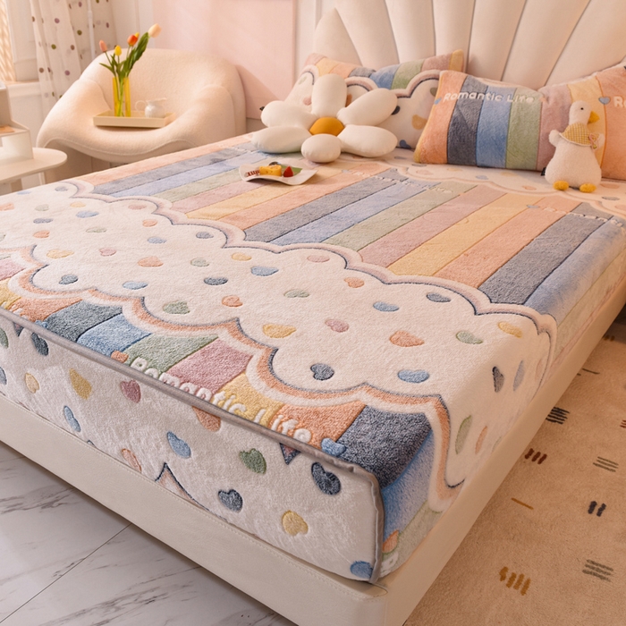 91家纺网 家纺一手货源 找家纺 慕梵家居2025新款雪花绒床笠 彩虹