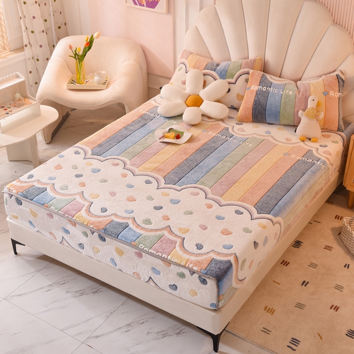 91家纺网 家纺一手货源 找家纺 慕梵家居2025新款雪花绒床笠 彩虹