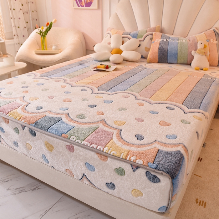 91家纺网 家纺一手货源 找家纺 慕梵家居2025新款雪花绒床笠 彩虹