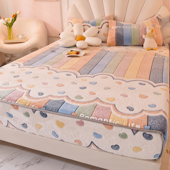 91家纺网 家纺一手货源 找家纺 慕梵家居2025新款雪花绒床笠 彩虹