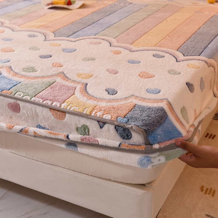 91家纺网 家纺一手货源 找家纺 慕梵家居2025新款雪花绒床笠 彩虹