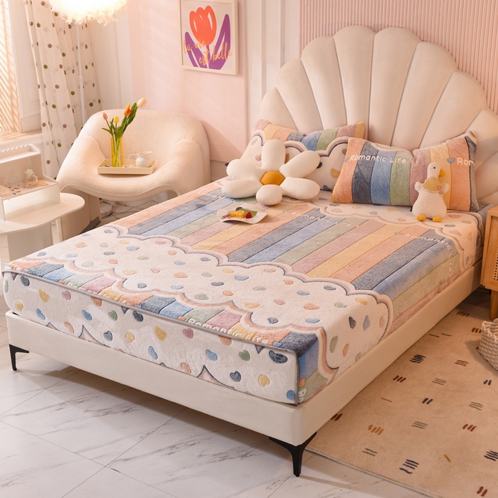 91家纺网 家纺一手货源 找家纺 慕梵家居2025新款雪花绒床笠 彩虹