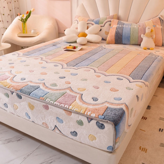 91家纺网 家纺一手货源 找家纺 慕梵家居2025新款雪花绒床笠 彩虹