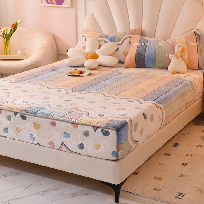 91家纺网 家纺一手货源 找家纺 慕梵家居2025新款雪花绒床笠 彩虹