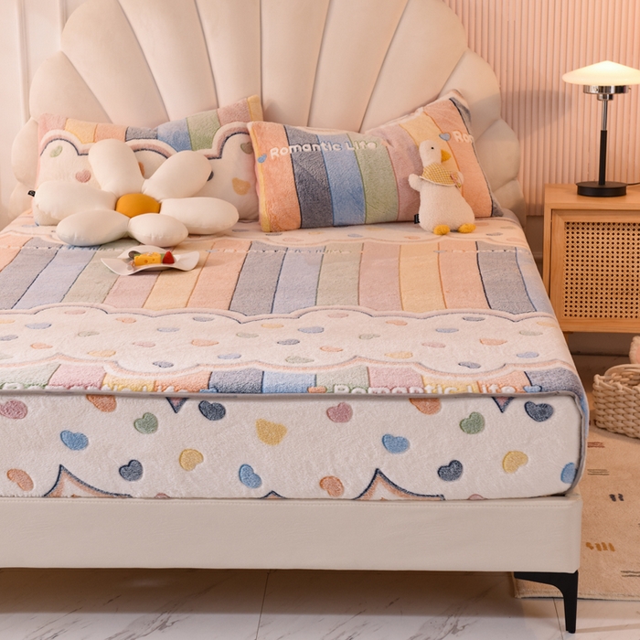 91家纺网 家纺一手货源 找家纺 慕梵家居2025新款雪花绒床笠 彩虹