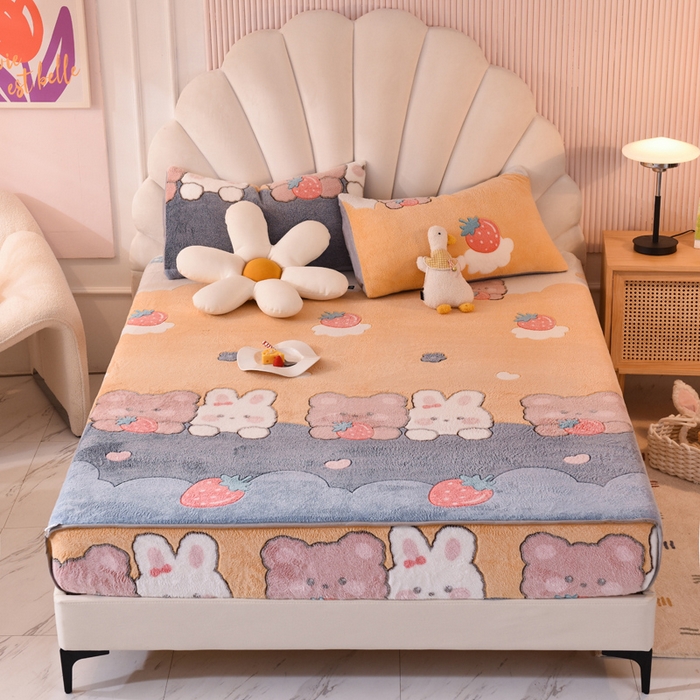 慕梵家居2025新款雪花绒床笠 草莓兔