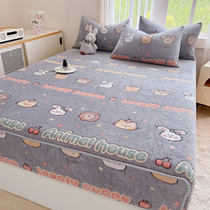 91家纺网 家纺一手货源 找家纺 慕梵家居2025新款雪花绒床笠 萌趣-灰