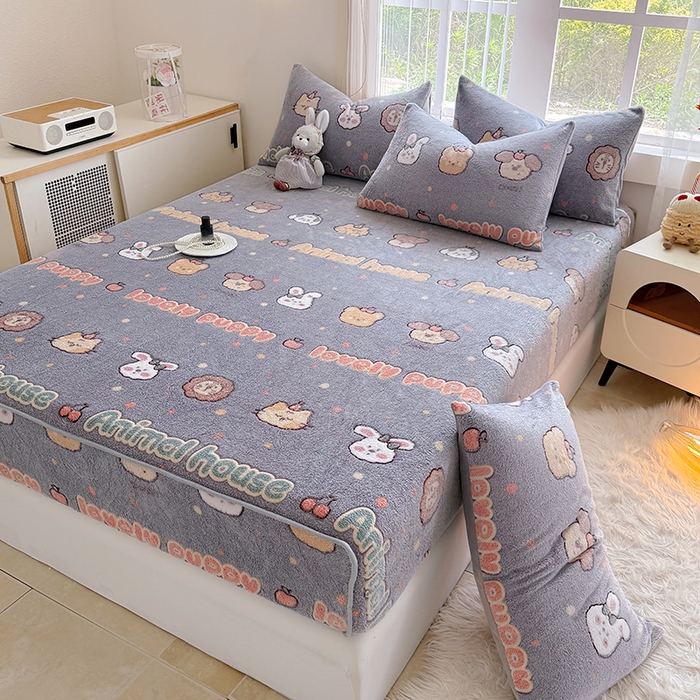 91家纺网 家纺一手货源 找家纺 慕梵家居2025新款雪花绒床笠 萌趣-灰