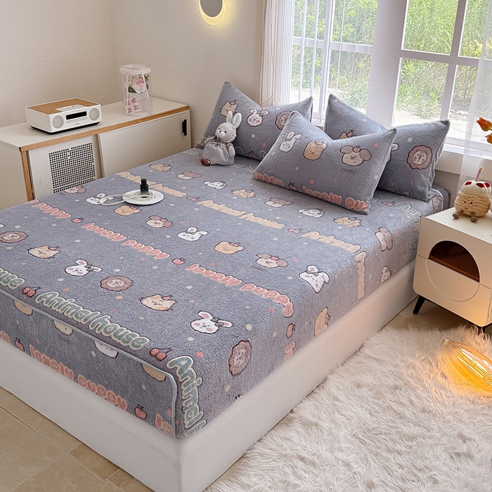 91家纺网 家纺一手货源 找家纺 慕梵家居2025新款雪花绒床笠 萌趣-灰