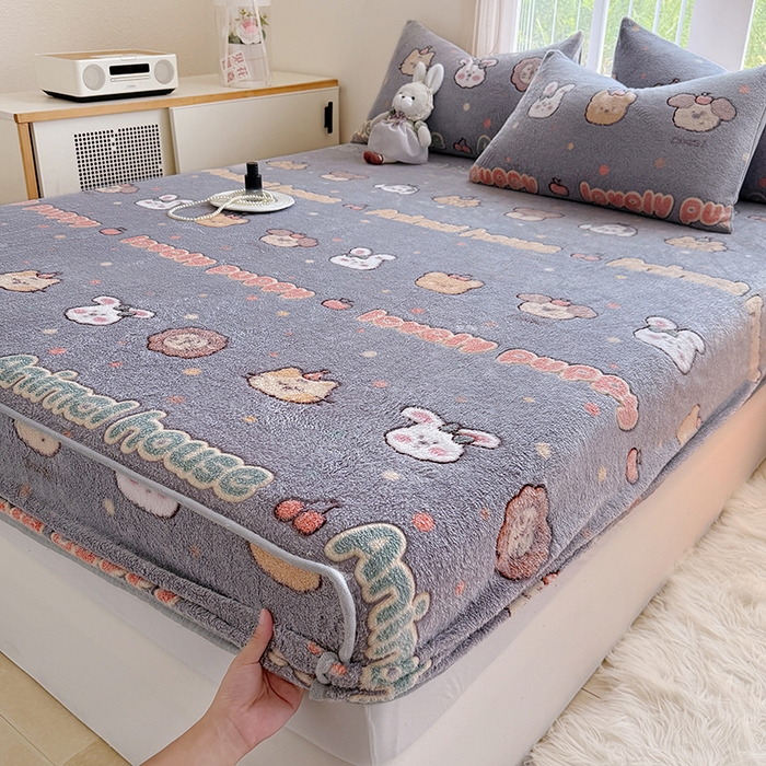 91家纺网 家纺一手货源 找家纺 慕梵家居2025新款雪花绒床笠 萌趣-灰