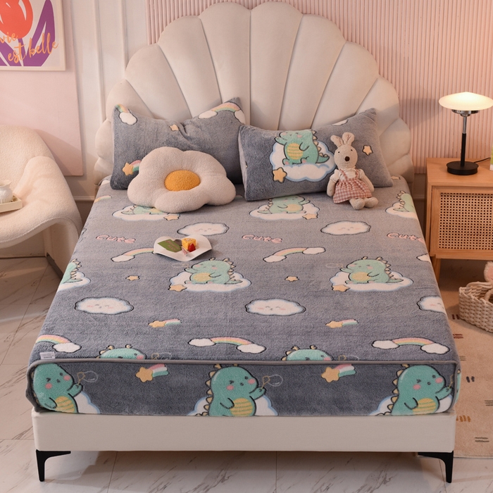 慕梵家居2025新款雪花绒床笠 小恐龙